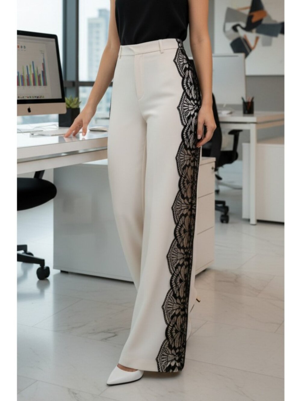 High-Rise Lace Side Panel High Waist Wide Leg Tailored Trousers Dress Pants